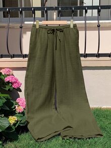 GalTyme Plus Size Women's Solid Color Drawstring Waist Casual Versatile Daily Wear Long Pants Fall - Army Green - View 7