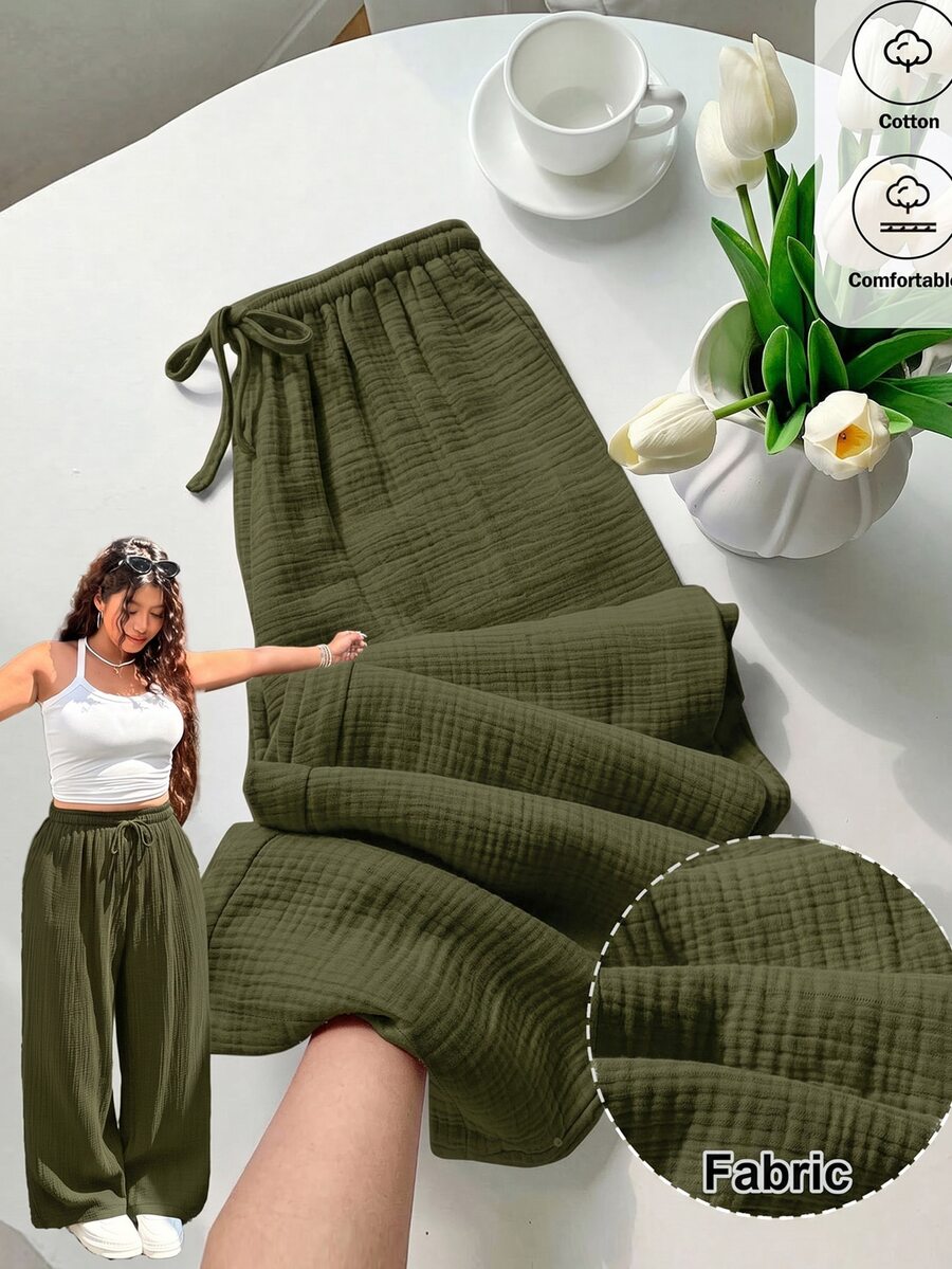 GalTyme Plus Size Women's Solid Color Drawstring Waist Casual Versatile Daily Wear Long Pants Fall - Army Green - View 1