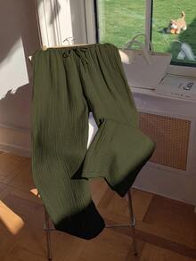 GalTyme Plus Size Women's Solid Color Drawstring Waist Casual Versatile Daily Wear Long Pants Fall - Army Green - View 5