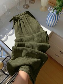 GalTyme Plus Size Women's Solid Color Drawstring Waist Casual Versatile Daily Wear Long Pants Fall - Army Green - View 3
