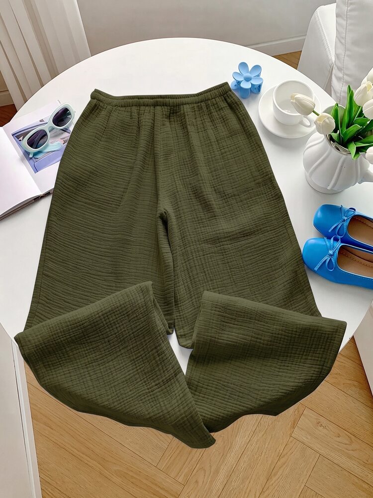 GalTyme Plus Size Women's Solid Color Drawstring Waist Casual Versatile Daily Wear Long Pants Autumn Formal Wedding Guest Olive Green - Army Green - View 2