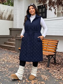 SHEIN EZwear 海軍藍大尺碼加厚腰部抽繩可調節寬鬆長版外套，秋冬款 - 藏蓝色 - 查看 2