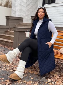SHEIN EZwear 海軍藍大尺碼加厚腰部抽繩可調節寬鬆長版外套，秋冬款 - 藏蓝色 - 查看 7