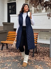 SHEIN EZwear 海軍藍大尺碼加厚腰部抽繩可調節寬鬆長版外套，秋冬款 - 藏蓝色 - 查看 6