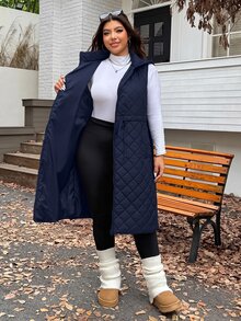 SHEIN EZwear 海軍藍大尺碼加厚腰部抽繩可調節寬鬆長版外套，秋冬款 - 藏蓝色 - 查看 5