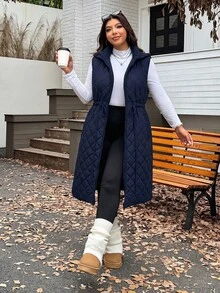 SHEIN EZwear 海軍藍大尺碼加厚腰部抽繩可調節寬鬆長版外套，秋冬款 - 藏蓝色 - 查看 4