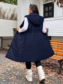SHEIN EZwear 海軍藍大尺碼加厚腰部抽繩可調節寬鬆長版外套，秋冬款 - 藏蓝色 - 查看 1