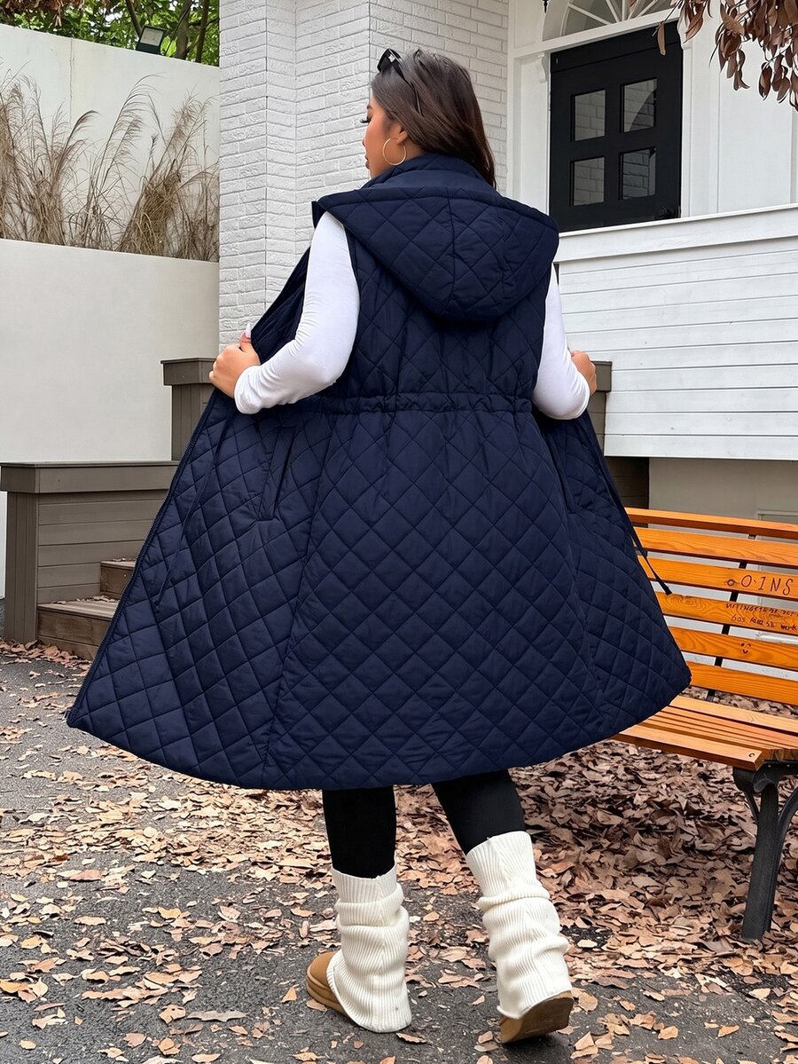 SHEIN EZwear 海軍藍大尺碼加厚腰部抽繩可調節寬鬆長版外套,秋冬款 - 藏蓝色 - 查看 1