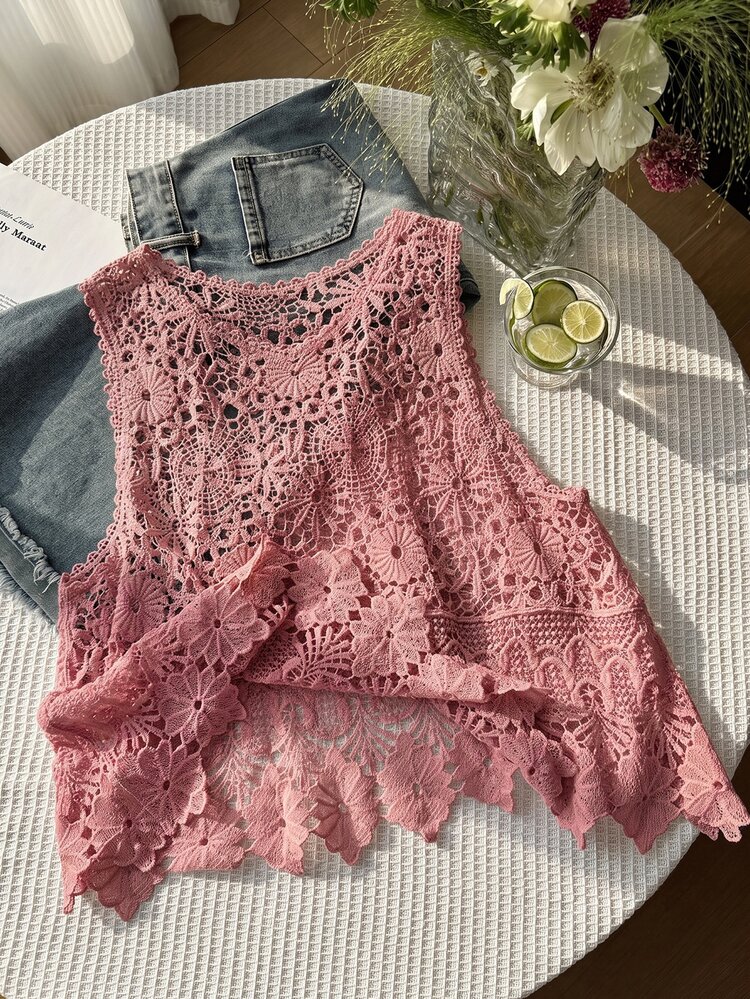 SHEIN EZwear Plus Size Women Spring/Summer Embroidered Hollow Knit Tank Top Vacation Formal Pink Floral Bohemian Elegant - Dusty Pink - View 6