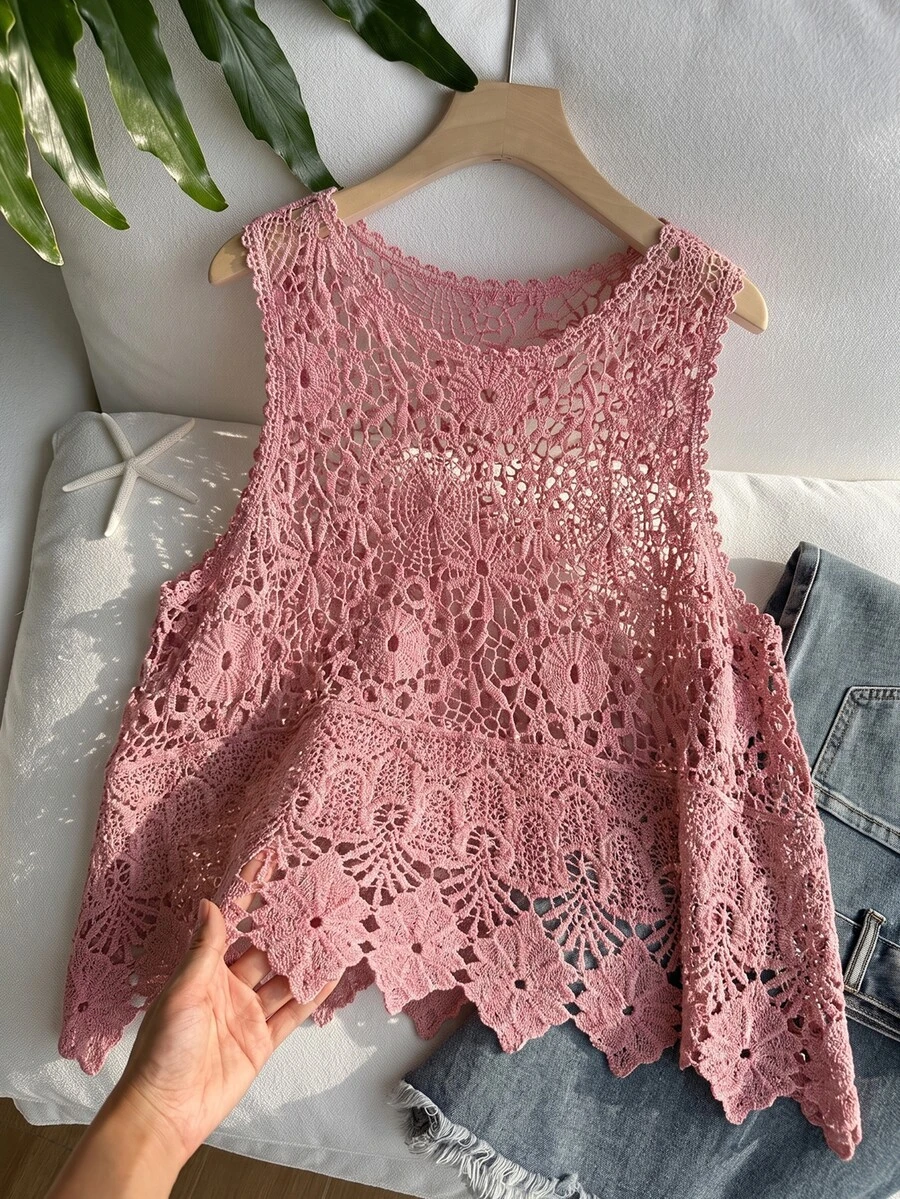 SHEIN EZwear 大尺碼女款春夏刺繡鏤空針織背心,度假正式沙灘風,粉色花卉波希米亞優雅風 - 藕粉色 - 查看 1