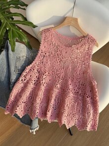 SHEIN EZwear 大尺碼女款春夏刺繡鏤空針織背心，度假正式沙灘風，粉色花卉波希米亞優雅風 - 藕粉色 - 查看 5