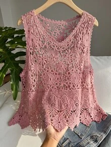 SHEIN EZwear 大尺碼女款春夏刺繡鏤空針織背心，度假正式沙灘風，粉色花卉波希米亞優雅風 - 藕粉色 - 查看 3