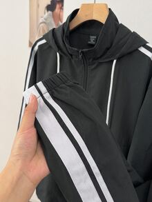 SHEIN EZwear 大尺碼女款側條紋拉鍊門襟抽繩連帽夾克 - 深灰色 - 查看 4