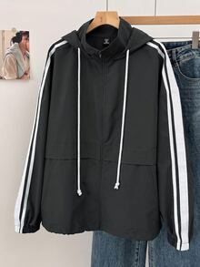 SHEIN EZwear 大尺碼女款側條紋拉鍊門襟抽繩連帽夾克 - 深灰色 - 查看 1