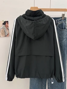 SHEIN EZwear 大尺碼女款側條紋拉鍊門襟抽繩連帽夾克 - 深灰色 - 查看 2