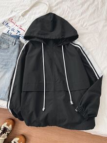 SHEIN EZwear 大尺碼女款側條紋拉鍊門襟抽繩連帽夾克 - 深灰色 - 查看 6