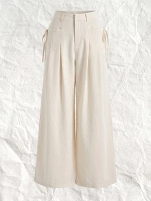 SHEIN EZwear 白色百褶寬腿大尺碼西裝長褲 辦公室正式款 秋季優雅商務休閒 - 杏色 - 查看 1