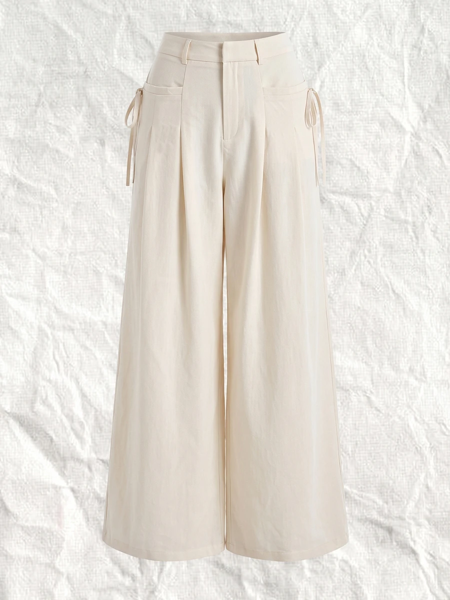 SHEIN EZwear 白色百褶寬腿大尺碼西裝長褲 辦公室正式款 秋季優雅商務休閒 - 杏色 - 查看 1