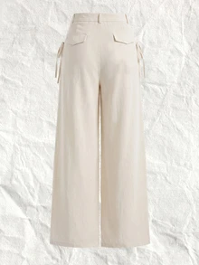 SHEIN EZwear 白色百褶寬腿大尺碼西裝長褲 辦公室正式款 秋季優雅商務休閒 - 杏色 - 查看 2