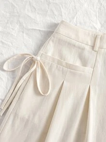 SHEIN EZwear 白色百褶寬腿大尺碼西裝長褲 辦公室正式款 秋季優雅商務休閒 - 杏色 - 查看 4