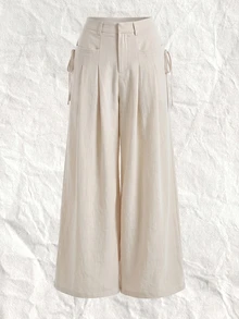 SHEIN EZwear 白色百褶寬腿大尺碼西裝長褲 辦公室正式款 秋季優雅商務休閒 - 杏色 - 查看 3