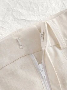 SHEIN EZwear 白色百褶寬腿大尺碼西裝長褲 辦公室正式款 秋季優雅商務休閒 - 杏色 - 查看 5
