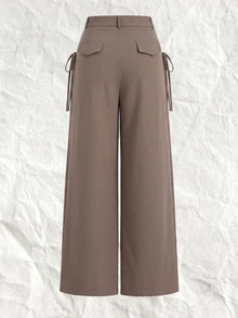 SHEIN EZwear 大尺碼女款純色百褶側綁帶寬腿西裝長褲 教師節正式辦公商務棕色夏季休閒優雅賽車風 - 卡其色 - 查看 2