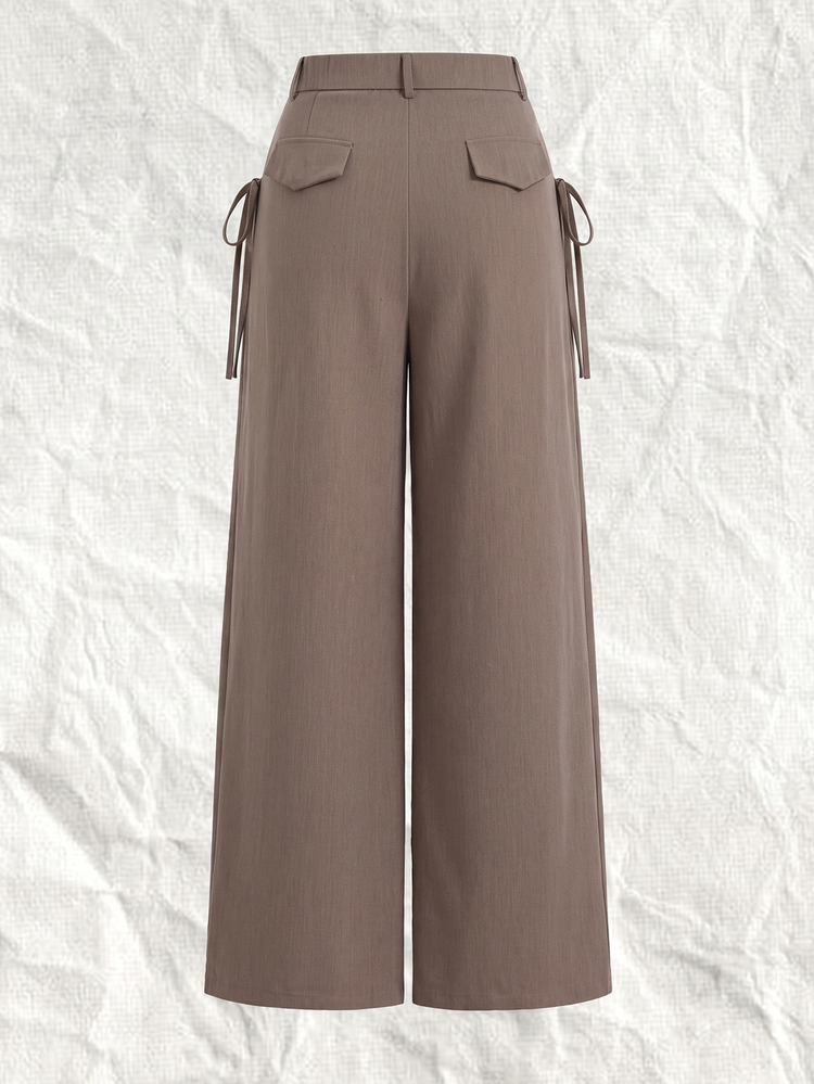 SHEIN EZwear بنطلون بدلة نسائي مقاس كبير بلون موحد مطوي برباط جانبي وساق واسعة، رسمي للمكتب وعيد المعلم، كاجوال صيفي باللون الخاكي، ستايل ريسينج - كاكي - مشاهدة 2