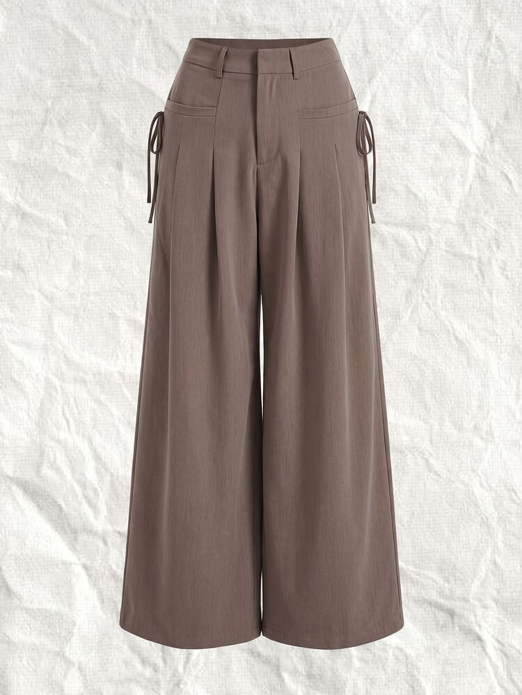 SHEIN EZwear بنطلون بدلة نسائي مقاس كبير بلون موحد مطوي برباط جانبي وساق واسعة، رسمي للمكتب وعيد المعلم، كاجوال صيفي باللون الخاكي، ستايل ريسينج - كاكي - مشاهدة 1