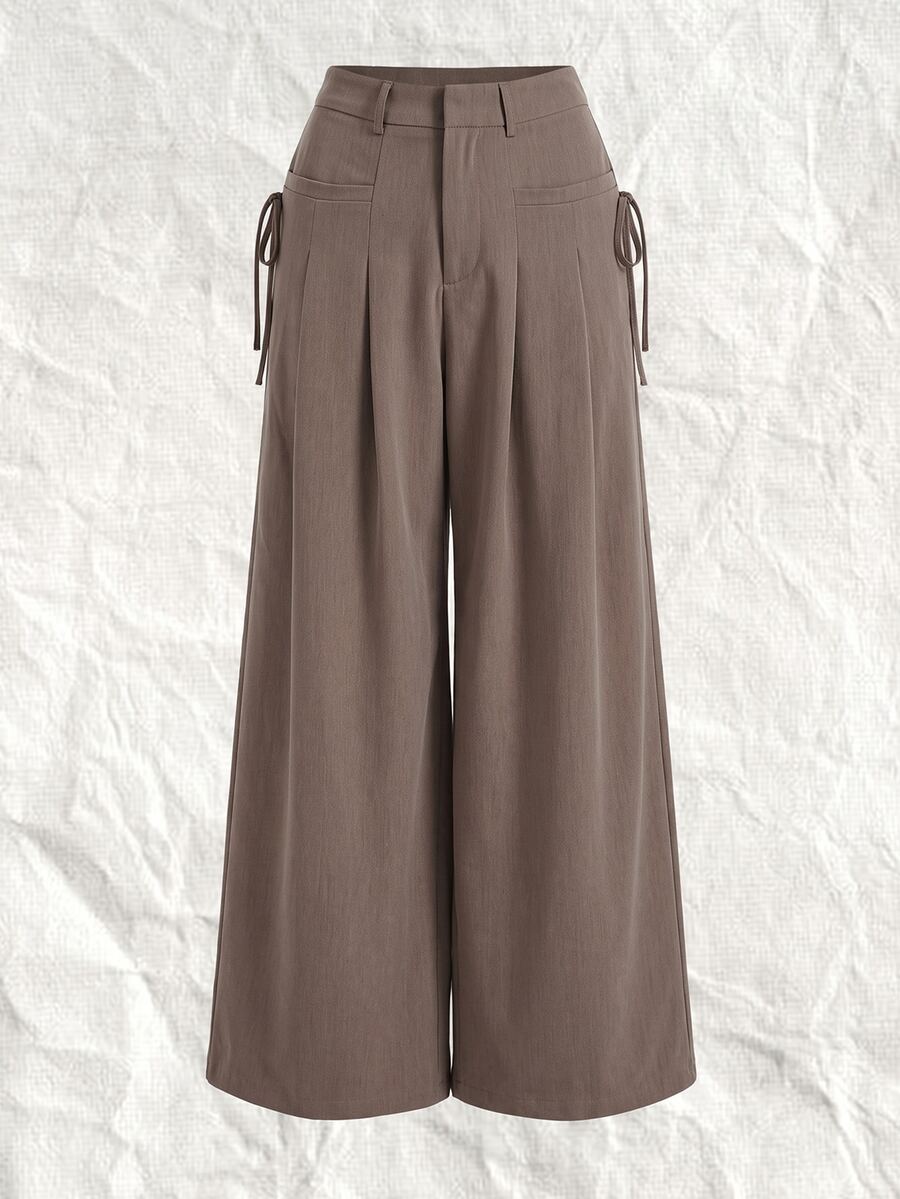SHEIN EZwear 大尺碼女款純色百褶側綁帶寬腿西裝長褲 教師節正式辦公商務棕色夏季休閒優雅賽車風 - 卡其色 - 查看 1