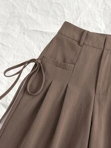 SHEIN EZwear 大尺碼女款純色百褶側綁帶寬腿西裝長褲 教師節正式辦公商務棕色夏季休閒優雅賽車風 - 卡其色 - 查看 4