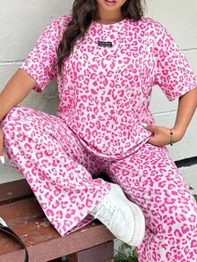 SHEIN EZwear 豹紋大尺碼女款休閒兩件套 T恤與長褲，白色夏季正式度假風 - 淺粉色 - 查看 3