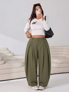Solflare Plus Size Women's Solid Color Pleated Casual Versatile Daily Travel Long Pants Fall - Army Green - View 5