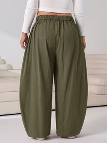 Solflare Plus Size Women's Solid Color Pleated Casual Versatile Daily Travel Long Pants Fall - Army Green - View 2