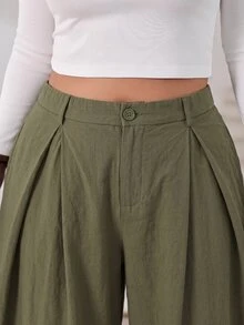Solflare Plus Size Women's Solid Color Pleated Casual Versatile Daily Travel Long Pants Fall - Army Green - View 4