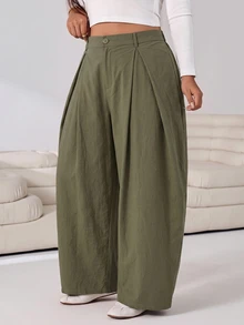 Solflare Plus Size Women's Solid Color Pleated Casual Versatile Daily Travel Long Pants Fall - Army Green - View 3