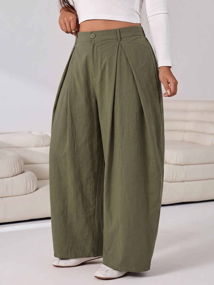 Solflare Plus Size Women's Solid Color Pleated Casual Versatile Daily Travel Long Pants Fall - Army Green - View 3