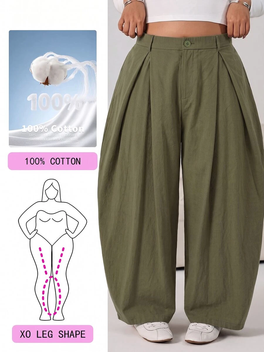 Solflare Plus Size Women's Solid Color Pleated Casual Versatile Daily Travel Long Pants Fall - Army Green - View 1