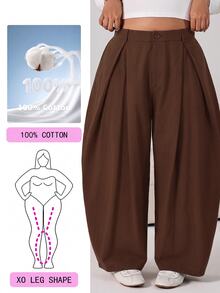 Solflare Brown Casual Women's Plus Size Pleated Curved Leg Pants Fall - Brown - View 1