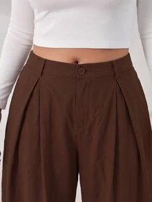 Solflare Brown Casual Women's Plus Size Pleated Curved Leg Pants Fall - Brown - View 4