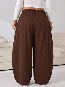 Solflare Brown Casual Women's Plus Size Pleated Curved Leg Pants Fall - Brown - View 2