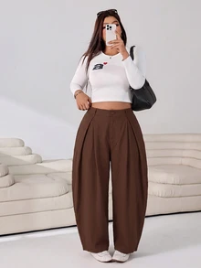 Solflare Brown Casual Women's Plus Size Pleated Curved Leg Pants Fall - Brown - View 5