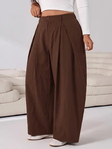 Solflare Brown Casual Women's Plus Size Pleated Curved Leg Pants Fall - Brown - View 3