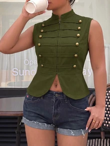 Muchica Jaket Rompi Napoleon Wanita Ukuran Besar Kasual Warna Hijau Vintage dengan Resleting Depan untuk Musim Gugur - Fresh Green - View 2