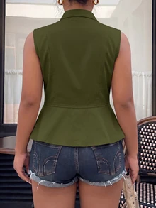 Muchica Jaket Rompi Napoleon Wanita Ukuran Besar Kasual Warna Hijau Vintage dengan Resleting Depan untuk Musim Gugur - Fresh Green - View 3