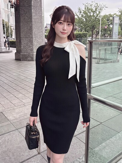 Bijouette Gaun Rajut Lengan Panjang Elastis Tinggi Model Slimming Fashion Bahu Terbuka Ukuran Plus Musim Gugur