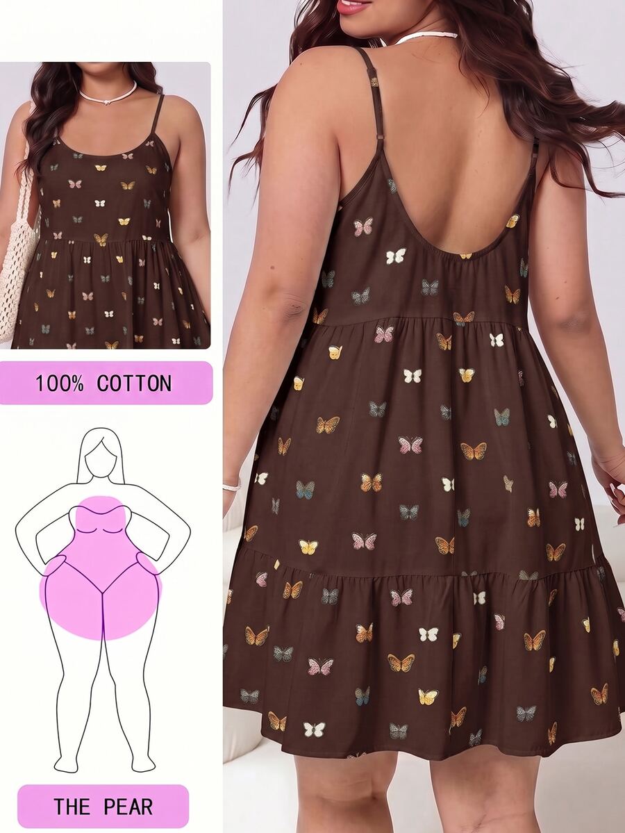 SHEIN EZwear 大尺碼女款全印花百褶休閒日常夏季細肩帶洋裝 - 棕色 - 查看 1