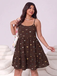 SHEIN EZwear 大尺碼女款全印花百褶休閒日常夏季細肩帶洋裝 - 棕色 - 查看 2