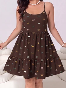 SHEIN EZwear 大尺碼女款全印花百褶休閒日常夏季細肩帶洋裝 - 棕色 - 查看 4