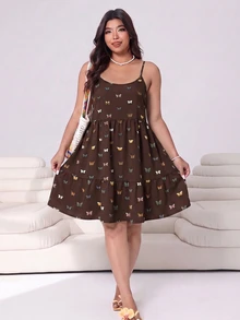 SHEIN EZwear 大尺碼女款全印花百褶休閒日常夏季細肩帶洋裝 - 棕色 - 查看 6